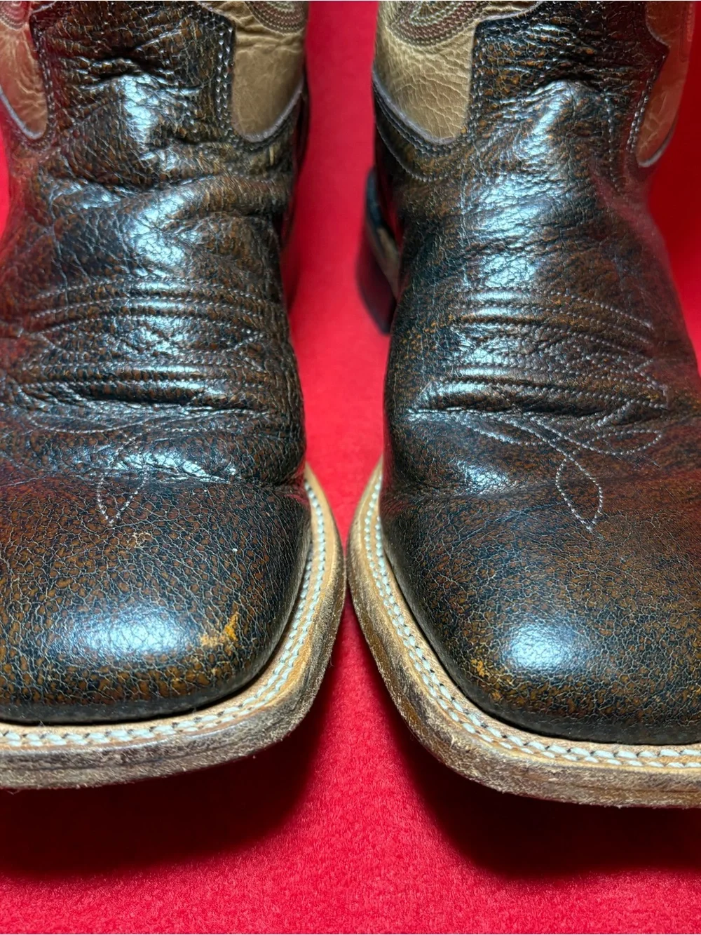 Old West Youth 6D Brown Leather Square Toe Cowboy Boots Blue Stitching